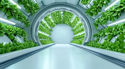 Futuristic Botanical Tunnel with Greenery and Lights