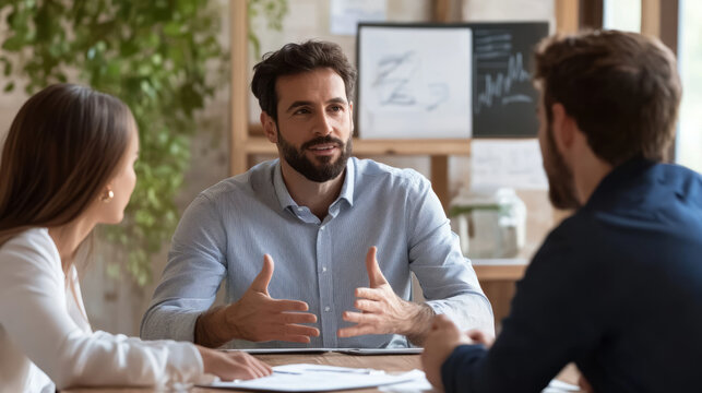 A company leader consulting with employees about maintaining ethical standards in their operations