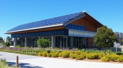 Obraz premium A company office with solar panels on the rooftop, symbolizing commitment to renewable energy