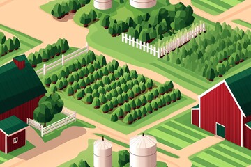 Obraz premium A vibrant aerial view of a colorful farm landscape with crops, barns, and greenery, representing rural agriculture.