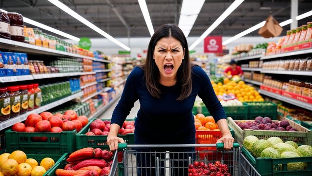 Angry mother in a crowded grocery store