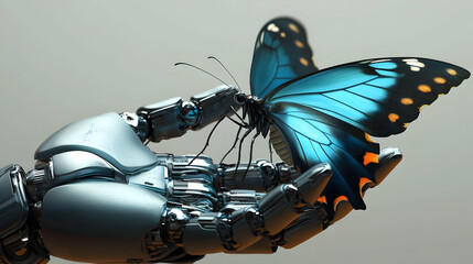 Robot Hand Gently Holding a Blue Butterfly