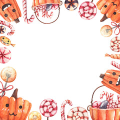 Cute Halloween - watercolor square frame for Halloween party. Hand painted carved pumpkins, candy basket, swirl candy, lollipop sticks. Watercolor square design for greeting cards, invitations