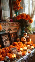 Fototapeta premium Intimate Día de los Muertos Altar with Marigold Flowers, Candles, Sugar Skulls, and Framed Photos of Loved Ones