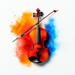 Violin with bow on a vibrant splash of color, perfect for artistic themes or musical content.