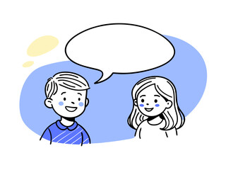 Two Kids with Speech Bubble, Abstract Blob Background, Childhood Communication and Interaction Concept Vector Art