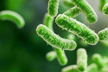 Fototapeta premium Close-up view of green bacteria floating in a vibrant background, showcasing the intricate details of microbiological life.