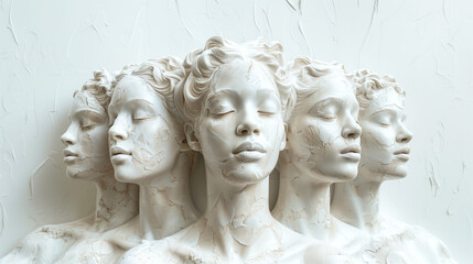 Obraz premium An ensemble of five figures of young women. Roman maidens stucco and beauty in Greek mythology. Fragment of ancient stone statue isolated on white background. 