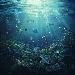 Fototapeta premium Floating Plastic Waste in the Deep Ocean