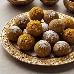  high-quality, isolated image of a plate of traditional Indian laddus. The laddus should be round, golden-brown, and dusted with finely chopped nuts like almonds and pistachios. Include a few decorati