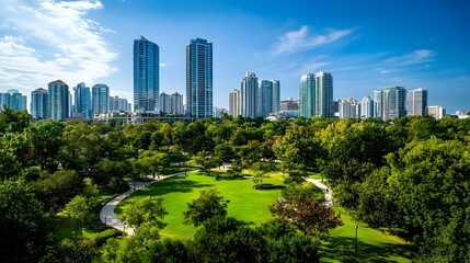 Obraz premium Lush green urban oasis amidst modern cityscape under clear blue skies