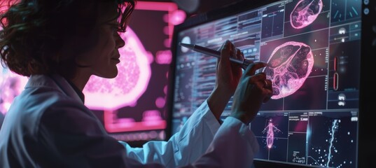 Close-Up of Female Doctor Analyzing Digital Mammogram on Touchscreen with Stylus