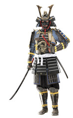Overlay PNG transparency portrait of a Legendary Samurai wearing traditional armor and battle ready. 3d rendering
