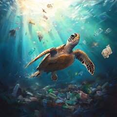 Obraz premium Sea Turtle Swimming Through Plastic Waste in Ocean