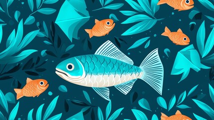 Naklejka premium Vibrant illustration featuring colorful fish swimming amidst lush aqua foliage in a serene underwater scene.