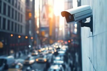 A modern CCTV camera mounted on a white wall capturing
