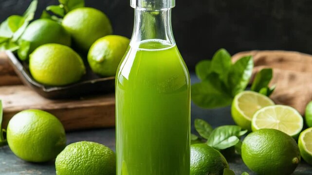 Freshly squeezed lime juice in a glass bottle with juicy limes and green leaves on a rustic table
