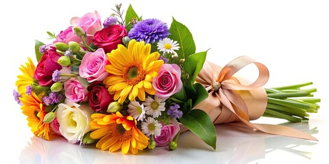 A beautiful bouquet of colorful flowers, wrapped in a delicate ribbon, sits on a white background, symbolizing love and appreciation for mothers everywhere.