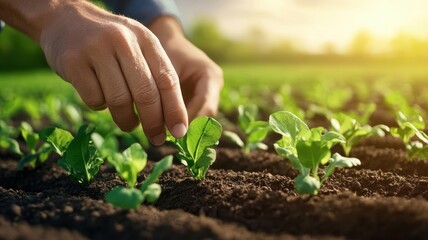 Farmer tending to crops with natural irrigation system, lush green fields, 3D illustration