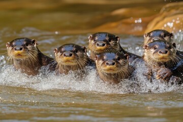 Group of otters playfully swimming together