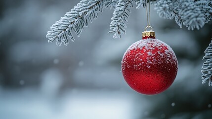 Creative holiday card design a vibrant red christmas ball hanging on a snowy pine branch festive winter atmosphere minimal december decoration concept