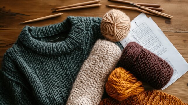 Gem&uuml;tliches Strickprojekt in Arbeit: warmer Wollpullover und Garnauswahl f&uuml;r Handarbeitsbegeisterte