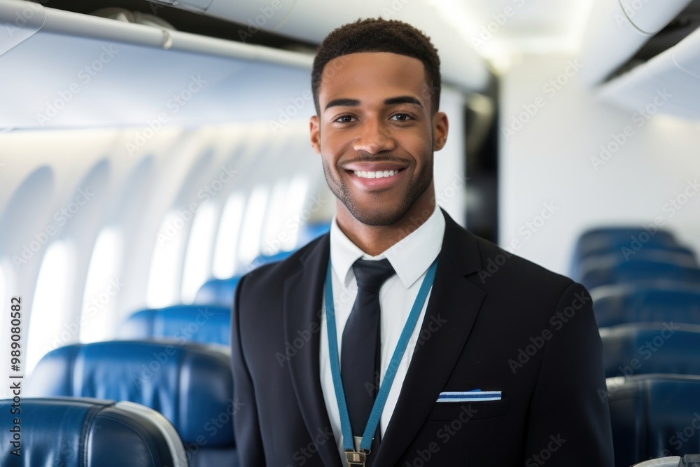 Poster Male flight attendant airplane standing adult.