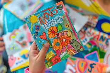 Colorful Handmade Thank You Card for World Teachers' Day with Vibrant Children's Drawings