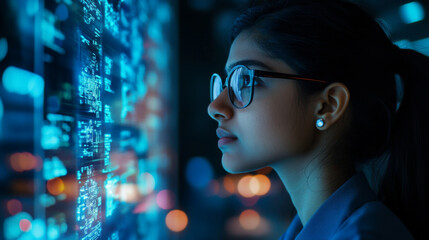Profile of indian woman with glasses looking at data on digital screen