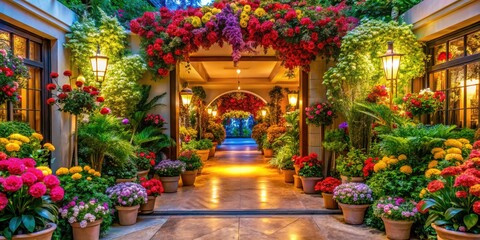 A bright and colorful entranceway adorned with vibrant flowers, lush greenery, and a warm lighting ambiance, conveying a sense of inviting hospitality and warm reception.