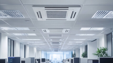 Modern office interior featuring ceiling air conditioning unit, bright lighting, and workstations. design promotes comfortable and productive environment