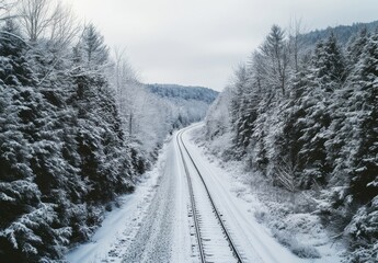 Obraz premium A peaceful snow-covered railway track winding through a forest of evergreen trees in winter.