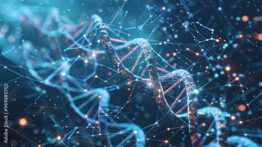 Poster close up view of DNA double helix structure, showcasing intricate connections and glowing particles, symbolizing genetic research and biotechnology advancements