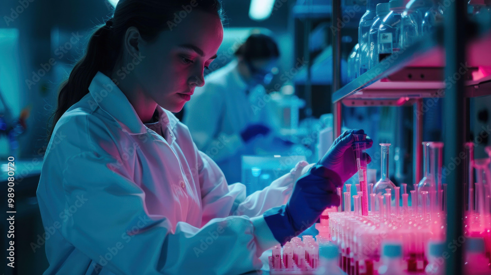 Poster scientist in laboratory carefully conducts experiments with test tubes, surrounded by vibrant lighti