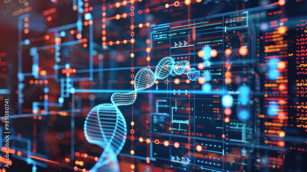 Poster image showcases digital representation of DNA intertwined with vibrant data visualizations, symbolizing intersection of biology and technology
