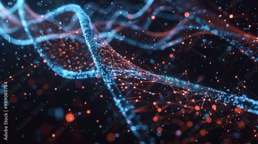 Poster Digital abstract representation of interconnected data points and lines, showcasing vibrant network of blue and red elements. This image evokes sense of technology and innovation
