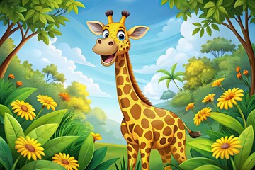 A bright, cartoon-style giraffe with a big smile and bold stripes, standing on its hind legs, amidst lush green leaves and sunny yellow flowers.