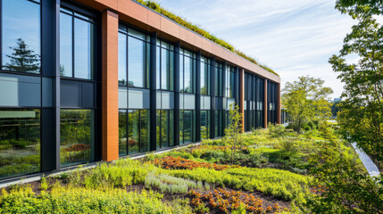 Fototapeta premium A sustainable office building with large windows, green roofs, and natural light