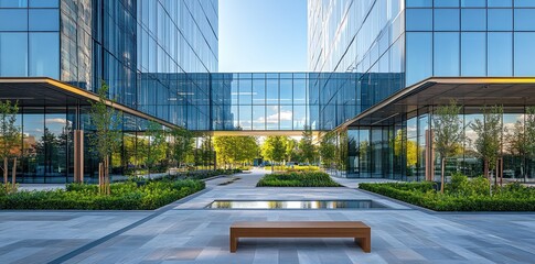 Modern Glass Office Buildings with a Tranquil Courtyard and Wooden Bench