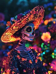 A vibrant, colorful depiction of a decorated skeleton wearing a sombrero, surrounded by flowers, celebrating the Day of the Dead.