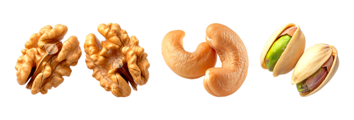 Walnut cashew and pistachio nuts displayed in a row showcasing their distinct shapes, textures and colors on a transparent background