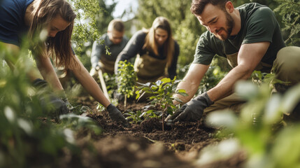 A team of employees planting trees as part of their corporate climate action program