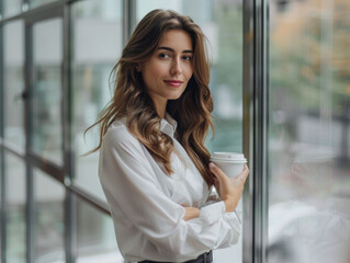 Fototapeta premium confident woman stands by large window, holding coffee cup, dressed in stylish white shirt. natural light enhances her relaxed yet professional demeanor