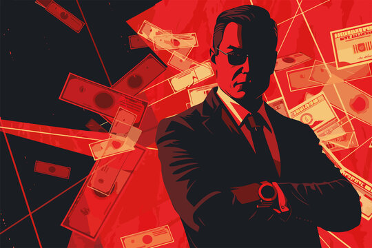 illustration of a businessman with crossed, folded arms and an agressive look with a background suggesting a disruptive business model, creative destruction by economist schumpeter