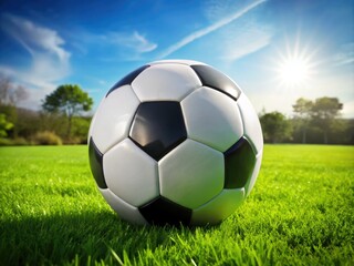Fototapeta premium A bright, white, and black paneled soccer ball sits isolated on a lush, green grassy field, ready for action, with subtle shadows and highlights.