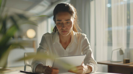 Fototapeta premium Focused woman reading document in bright office setting, surrounded by natural light and greenery. Her expression reflects concentration and determination