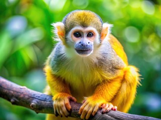 Obraz premium A bright yellow monkey with vibrant fur and inquisitive eyes perches on a branch, looking directly at the camera with a playful and curious expression.