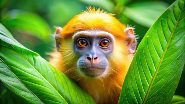 A bright yellow monkey with vibrant fur and inquisitive eyes peeks out from behind a lush green leaf in a dense jungle environment.
