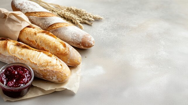 Franz&ouml;sische Fr&uuml;hst&uuml;cksszene: Baguette und Marmelade auf rustikalem Tisch &ndash; ideal f&uuml;r Foodie-Poster
