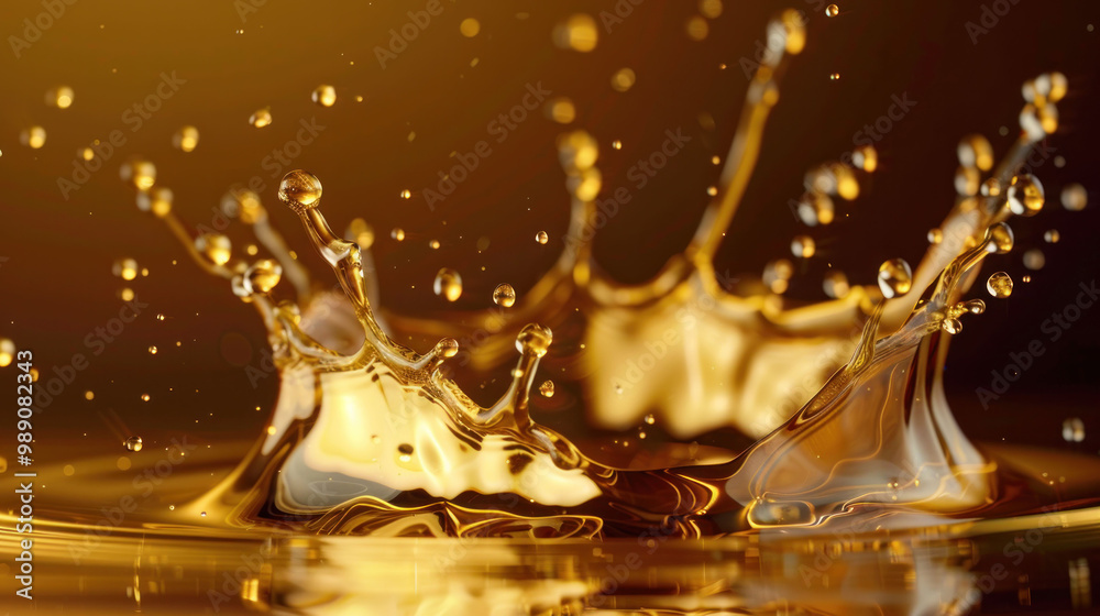 Poster Golden liquid splashes create mesmerizing patterns, capturing beauty of fluid motion and light. shimmering droplets reflect warm glow, evoking sense of luxury and elegance